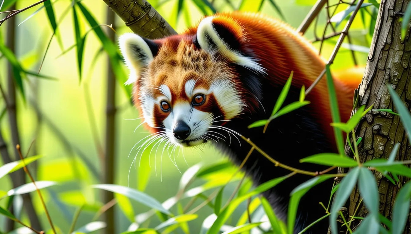 Un panda roux au pelage roux et blanc perché sur une branche