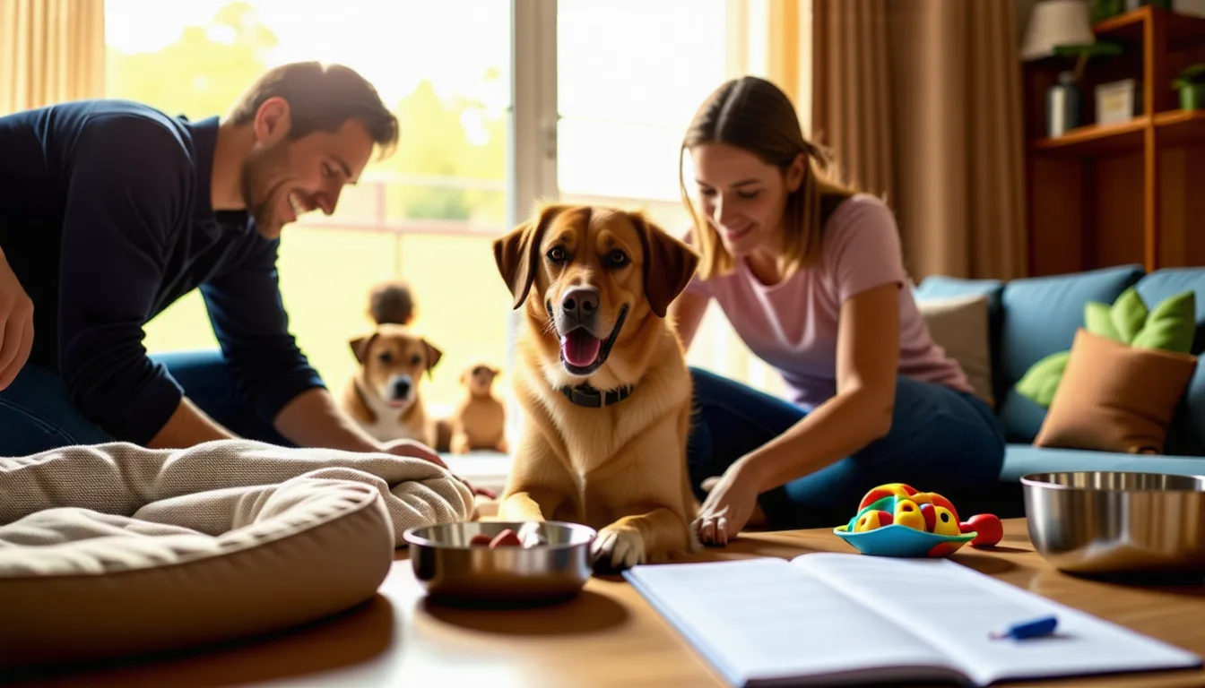 Famille accueillant un jeune chien dans le salon de sa maison