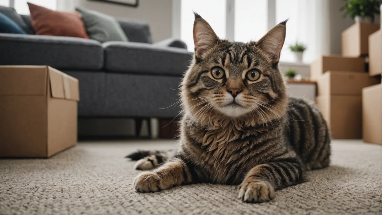 Chat assis dans un carton de déménagement au milieu d'un salon en travaux