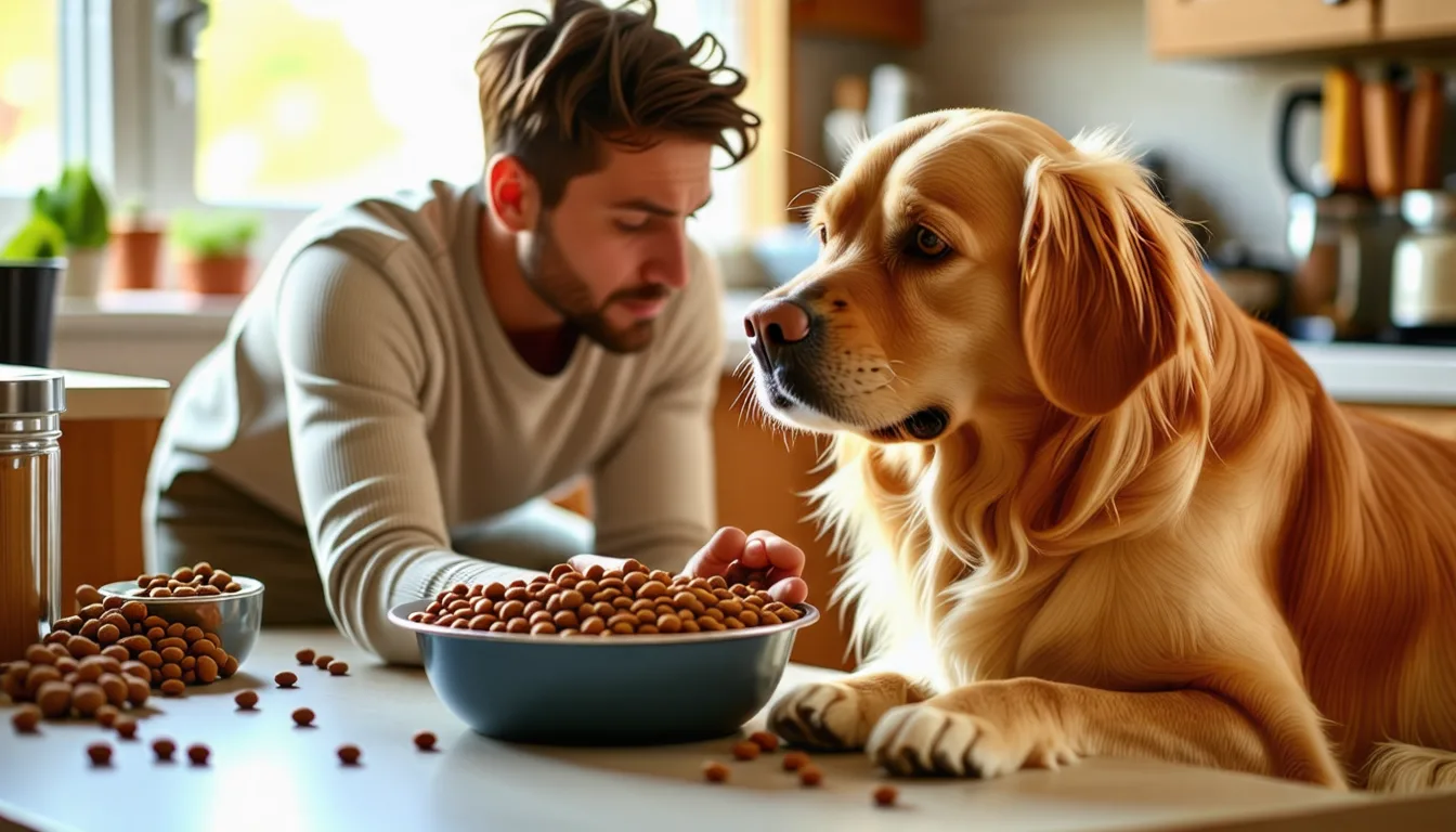 Chien couché à côté de sa gamelle de croquettes pleine, museau détourné