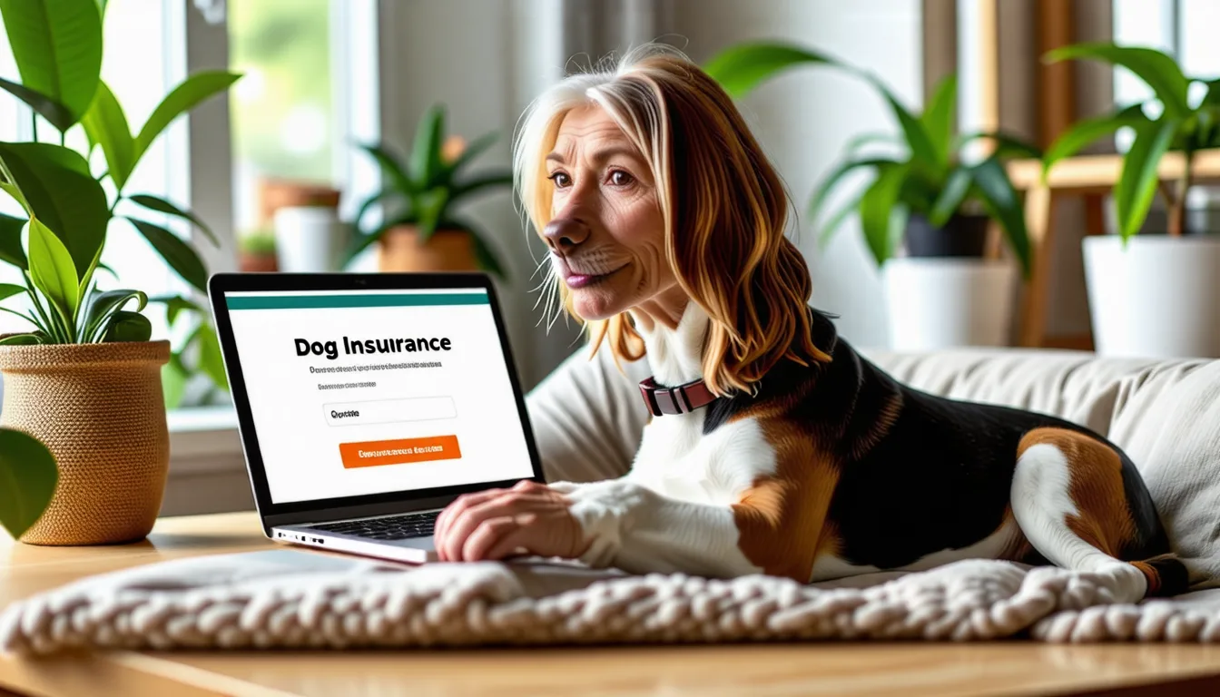 Personne comparant des offres d'assurance sur un ordinateur portable, son chien à côté