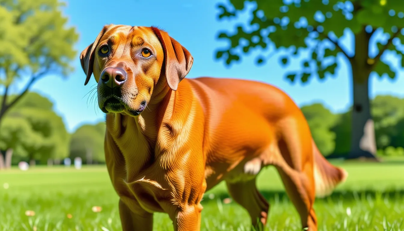 Labrador sable debout de profil sur une balance vétérinaire