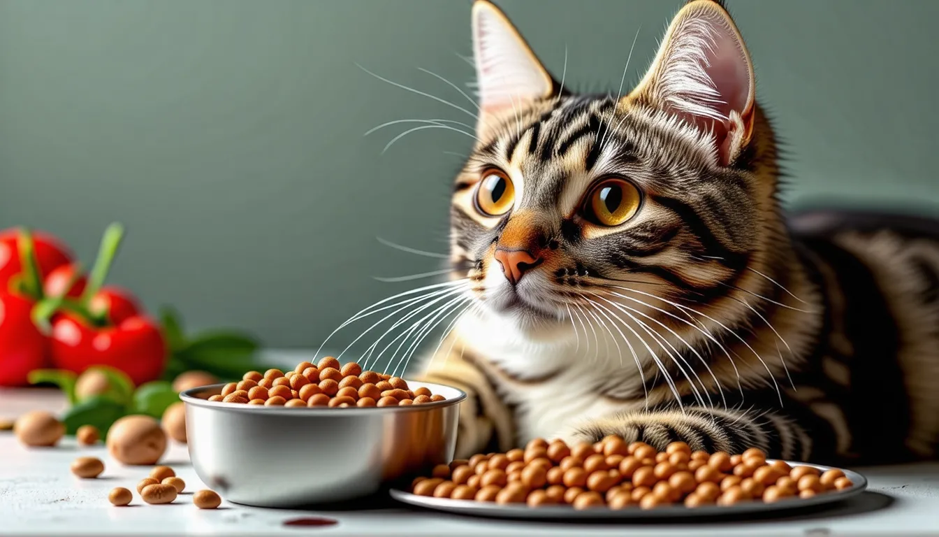 Chat qui mange de la pâtée dans une gamelle posée au sol