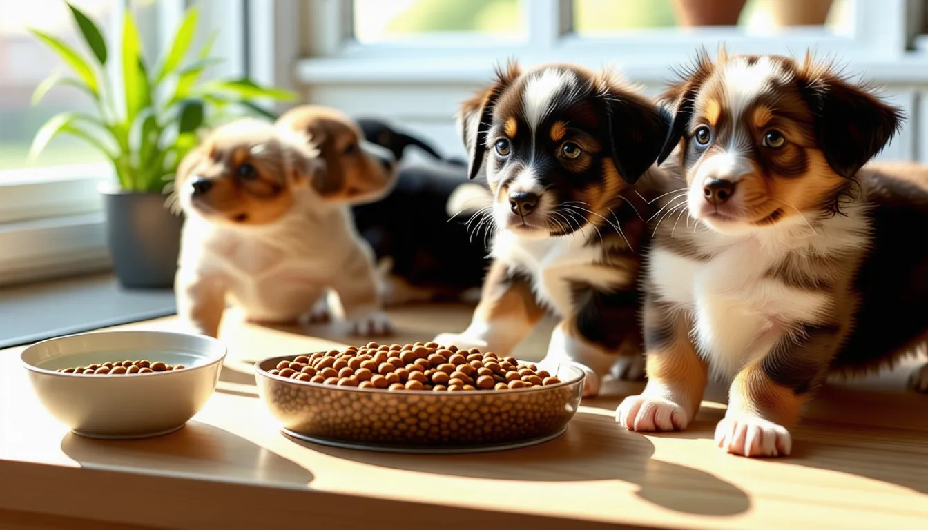 Chiot golden retriever mangeant des croquettes dans une gamelle en inox