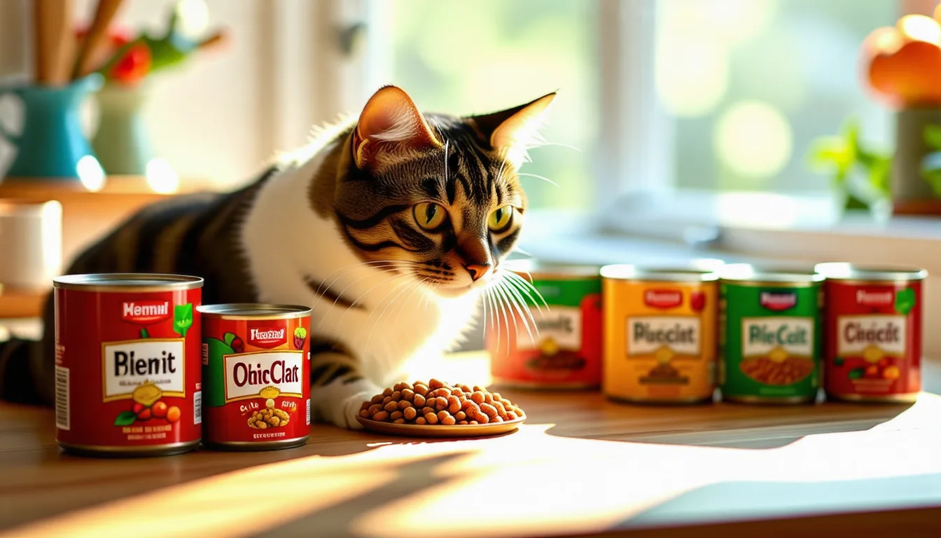 Plusieurs boîtes et sachets de pâtée pour chat alignés devant une gamelle