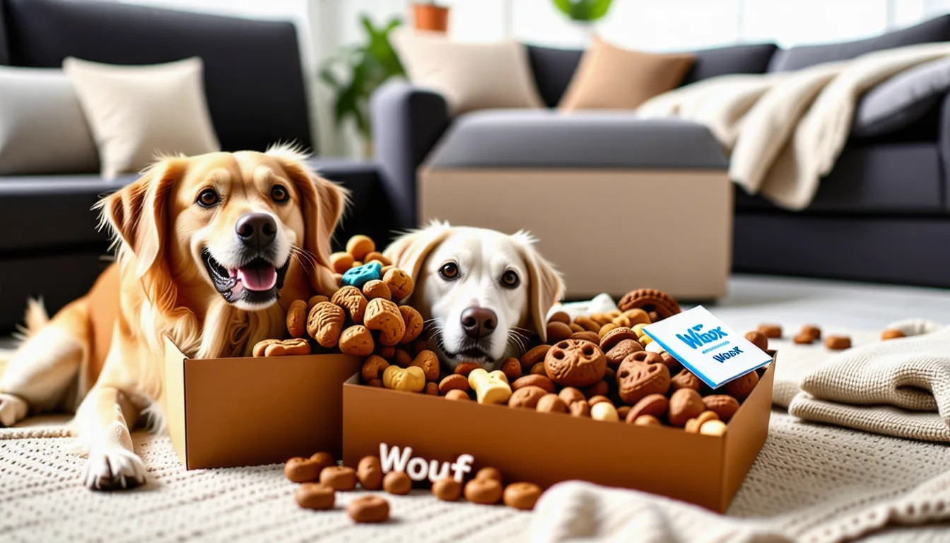 Un chien renifle une boîte en carton remplie de jouets et de friandises
