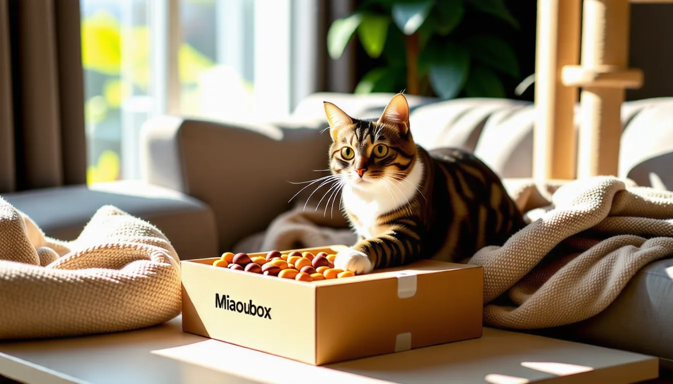 Un chat tigré explore une boîte en carton ouverte contenant jouets et friandises