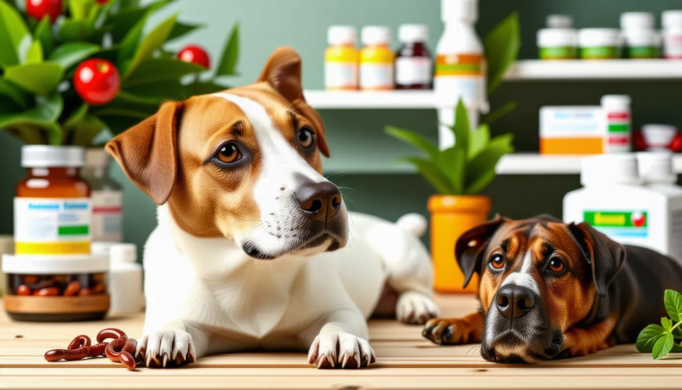 Un chien assis sur le sol d'une pharmacie, à côté d'un rayon de produits vétérinaires