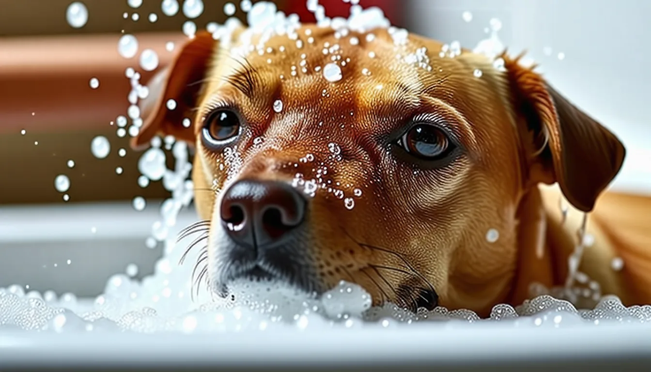 Chien assis sous la douche pendant que ses poils sont savonnés
