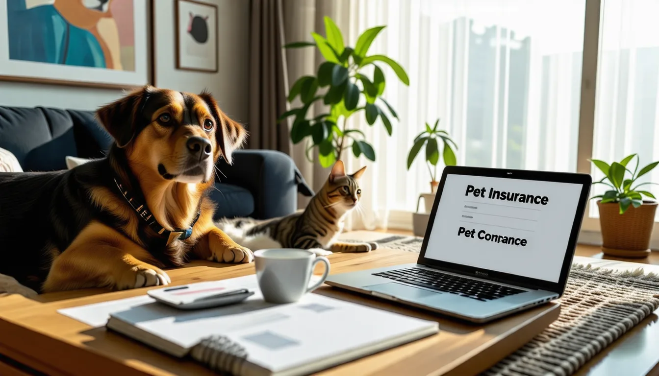 Un chien et un chat assis côte à côte devant des documents de contrat posés sur une table