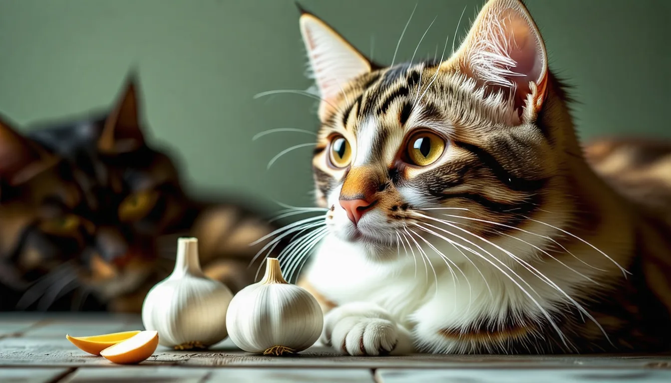 Des gousses d'ail posées sur une table, un chat assis à côté qui les observe