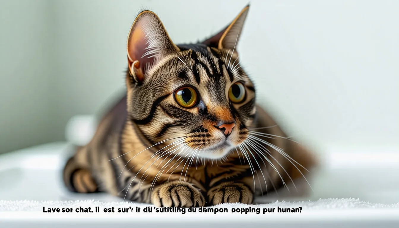 Chat mouillé dans une bassine pendant un bain, tenu par une main