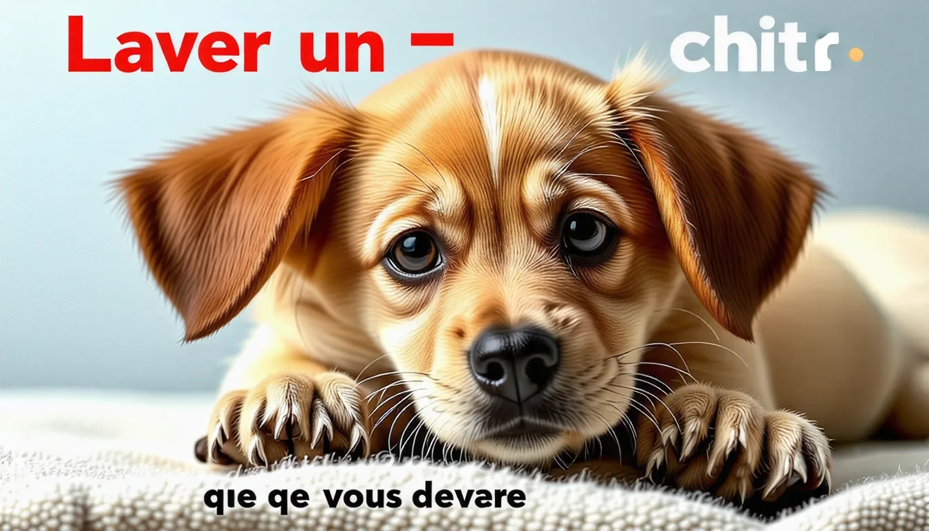 Un jeune chiot mouillé et savonné dans une bassine, tenu par deux mains