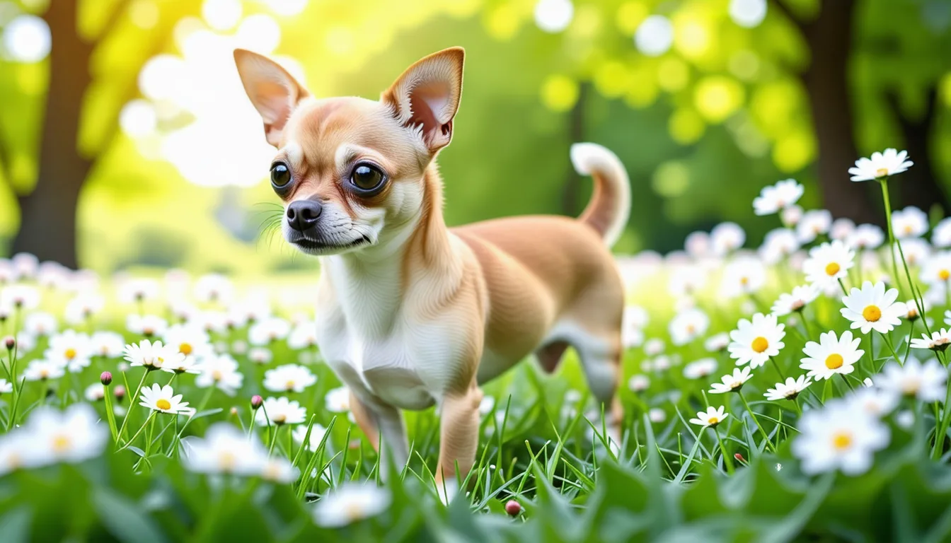 Chihuahua fauve à poil court debout sur un parquet clair, regard vers l'objectif