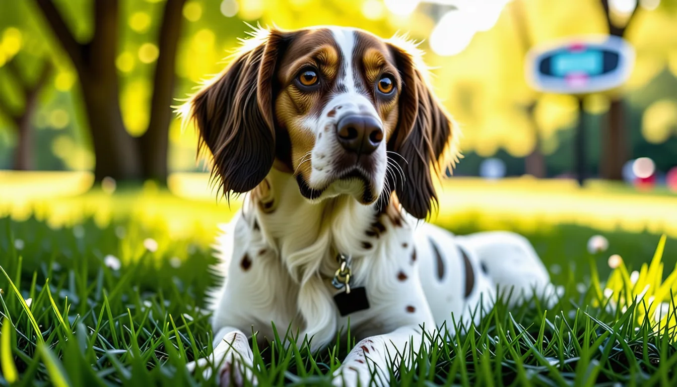 Setter anglais blanc moucheté debout de profil dans l'herbe