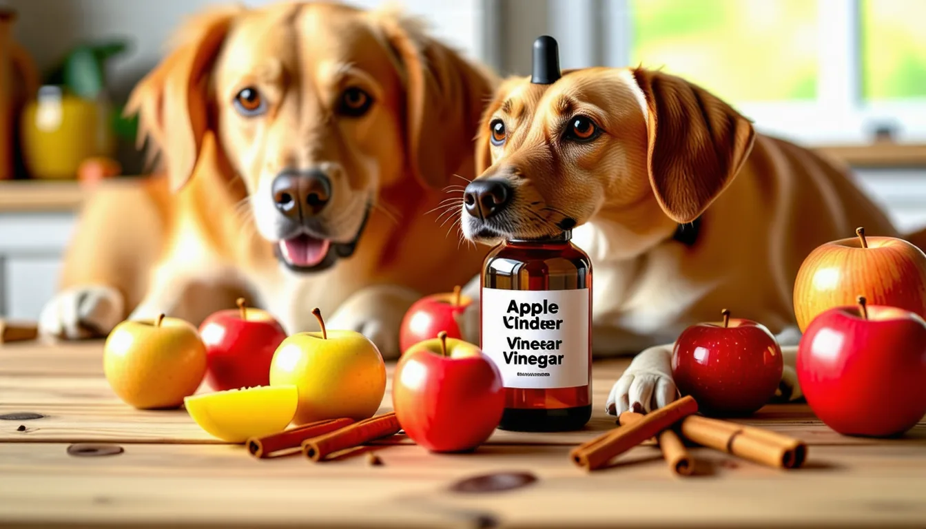 Bouteille de vinaigre de cidre et pommes posées près d un chien couché