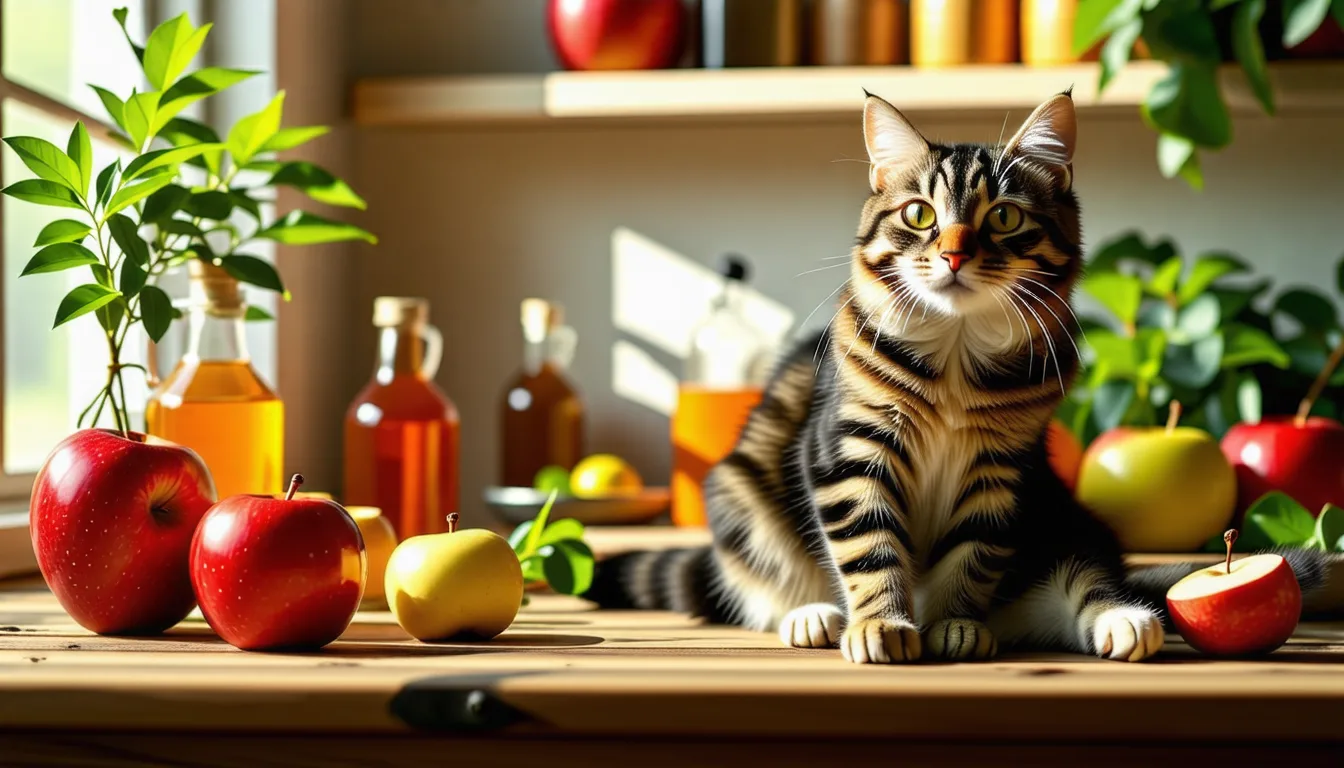 Bouteille de vinaigre de cidre posée près d'une gamelle et d'un chat tigré