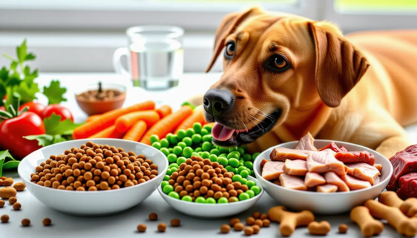 Un chien attend devant une gamelle remplie de croquettes posée sur le carrelage