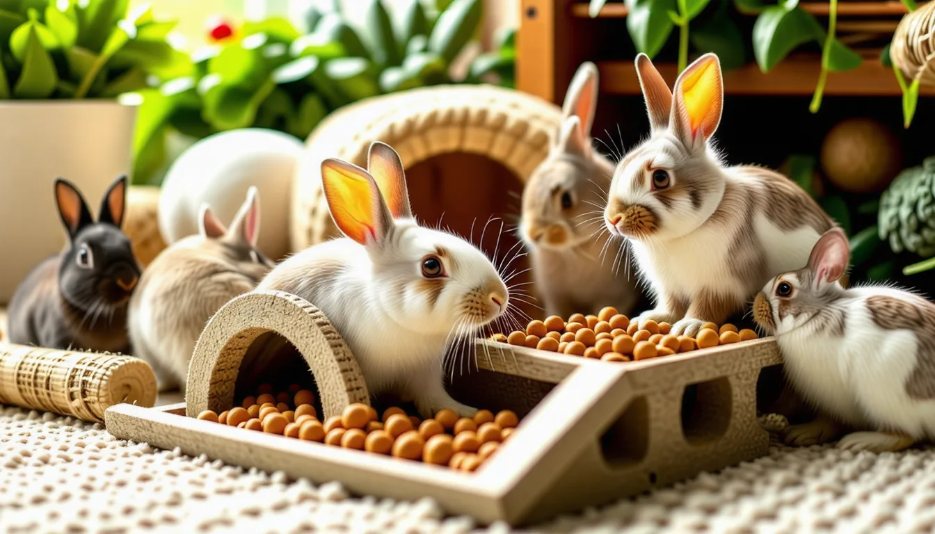 Un lapin nain fouille dans une caisse de foin à la recherche de friandises cachées