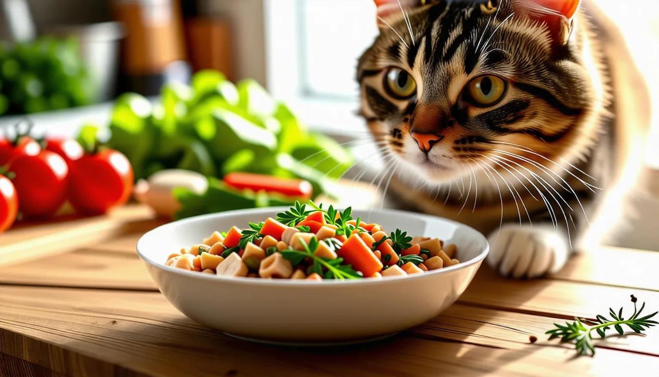 Chat gris devant une assiette de poulet cuit et de légumes coupés