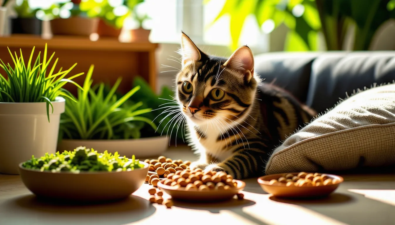 Chat tigré gris allongé près d'un bol et de brins de plantes séchées