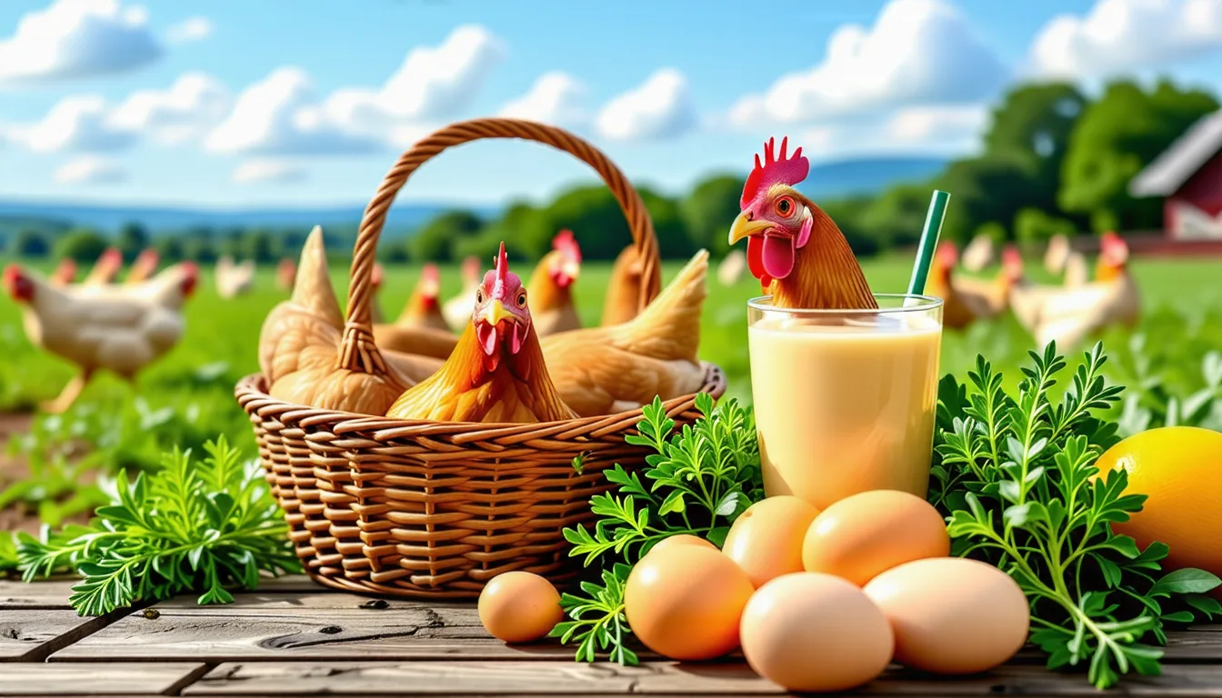 Œufs bruns dans un panier en osier devant un poulailler et des poules rousses