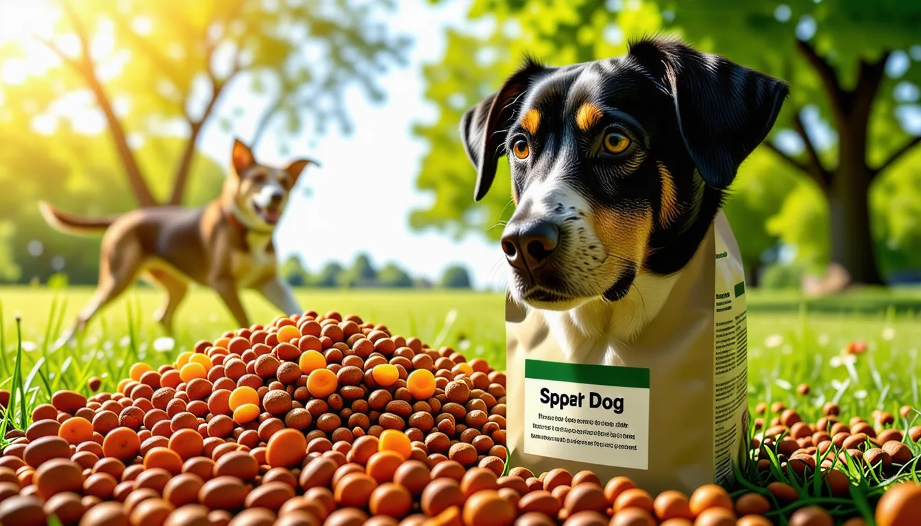 Gamelle de croquettes posée au sol devant un chien athlétique prêt à manger