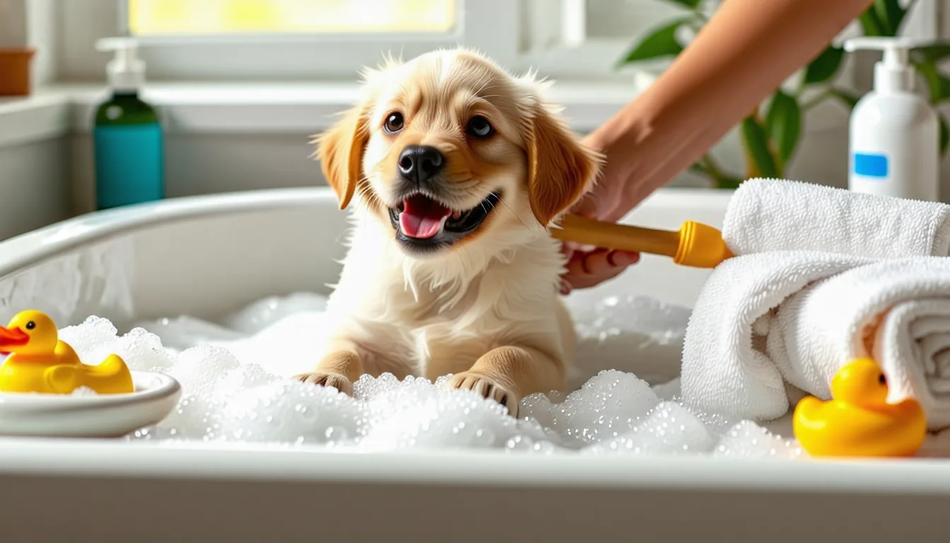 Chiot dans une bassine, séché avec une serviette par son propriétaire
