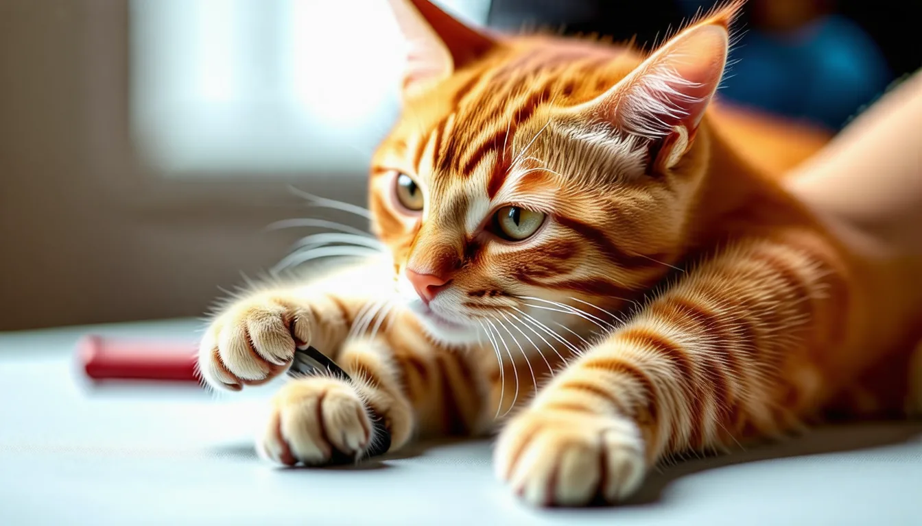 Chat gris allongé sur une serviette pendant la coupe de ses griffes