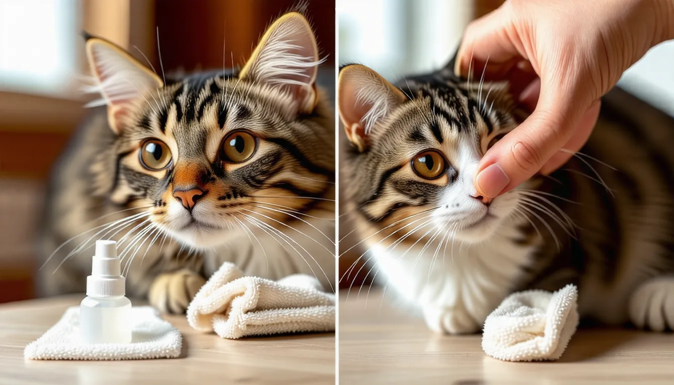 Gros plan sur l'œil d'un chat nettoyé avec une compresse humide