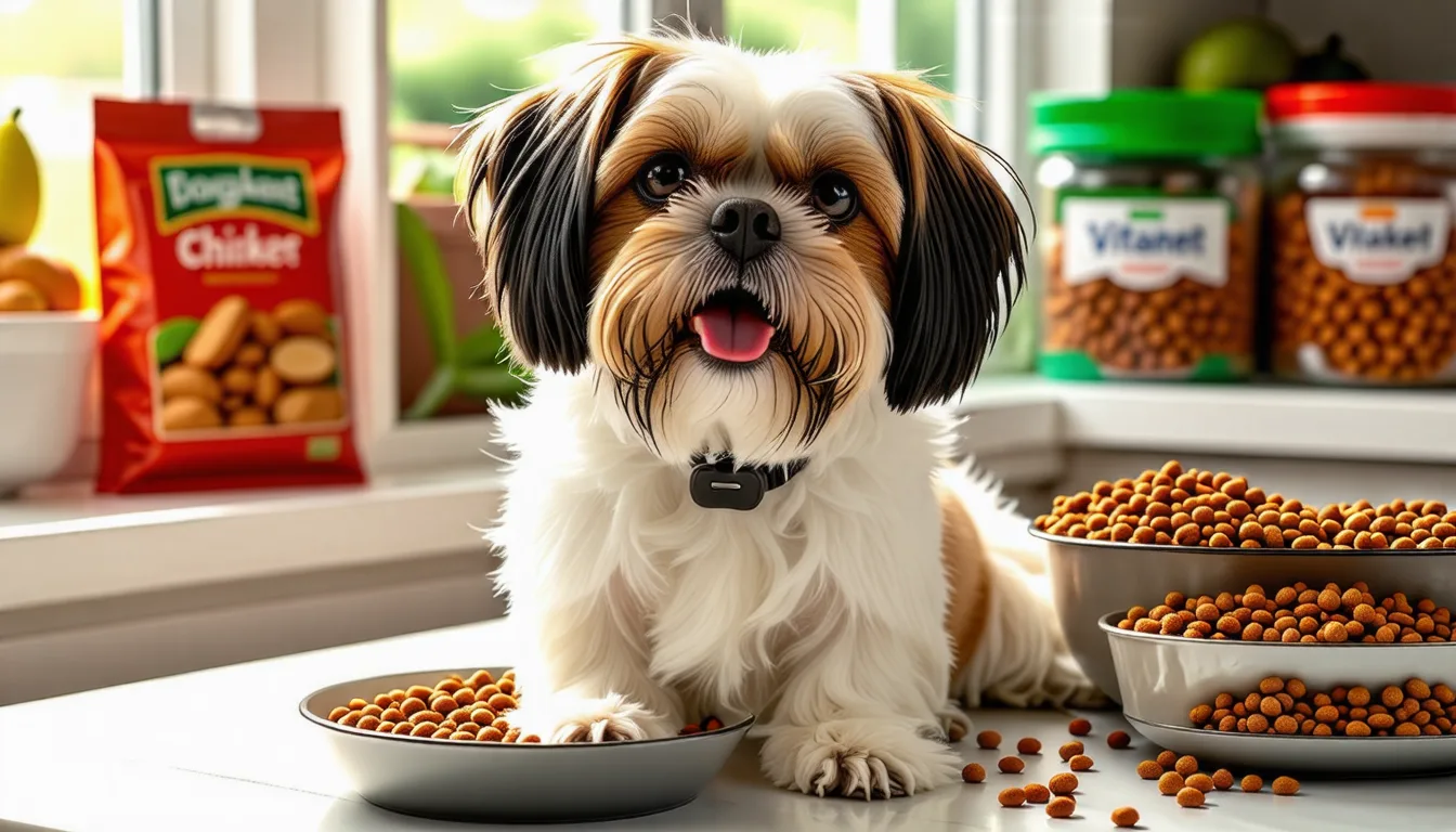 Shih Tzu au long pelage assis devant une gamelle remplie de croquettes