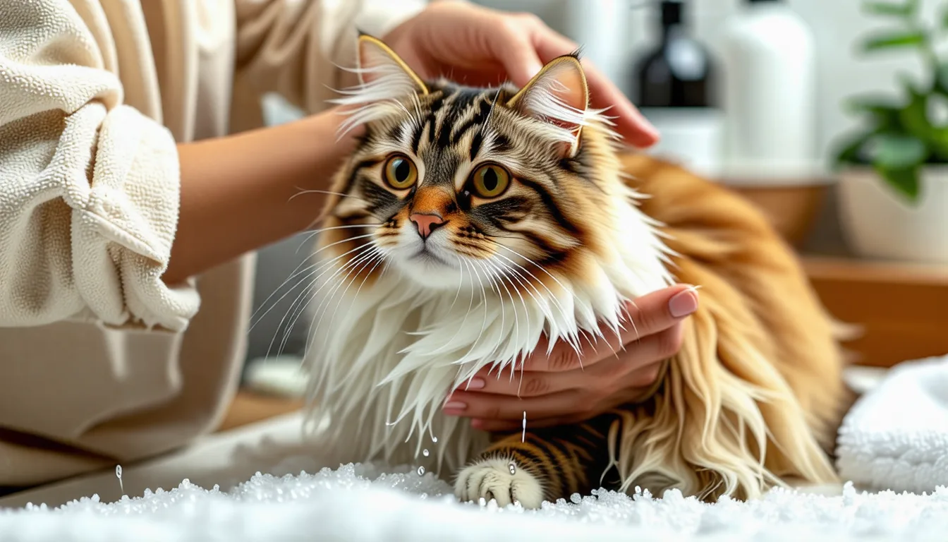 Un chat mouillé dans une bassine, tenu par deux mains pendant un shampoing
