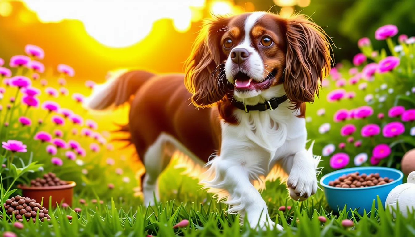Cavalier King Charles roux et blanc debout de profil sur une pelouse