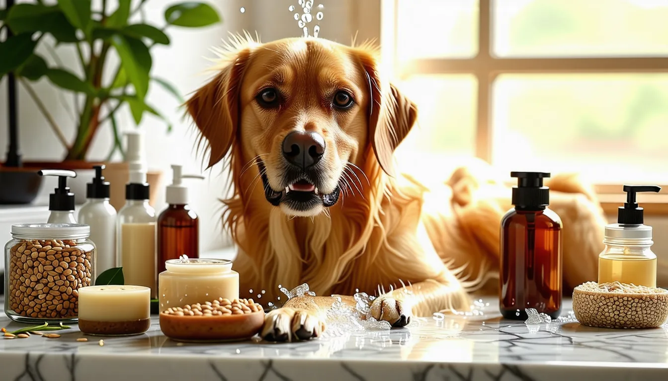 Chien savonné dans une baignoire, mousse sur le dos et main du propriétaire