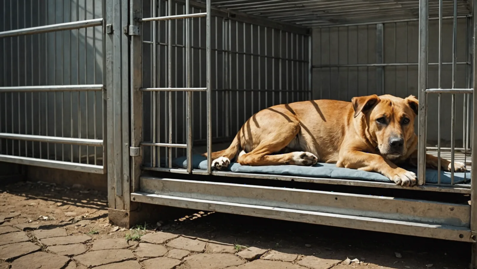 Un chien attend derrière le grillage d'un box de refuge