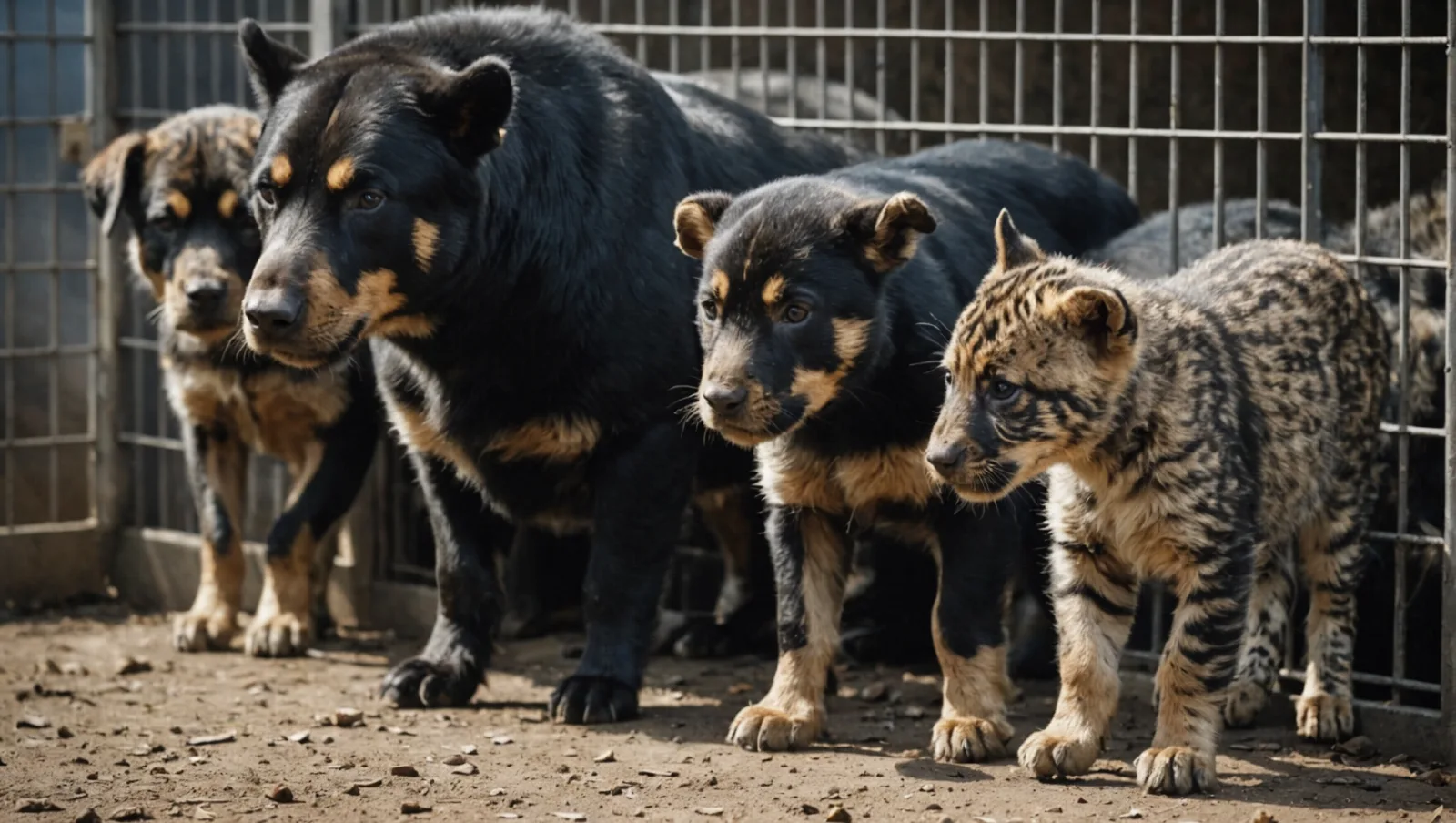Petite chienne recroquevillée au sol, regard baissé, dans une cour d immeuble