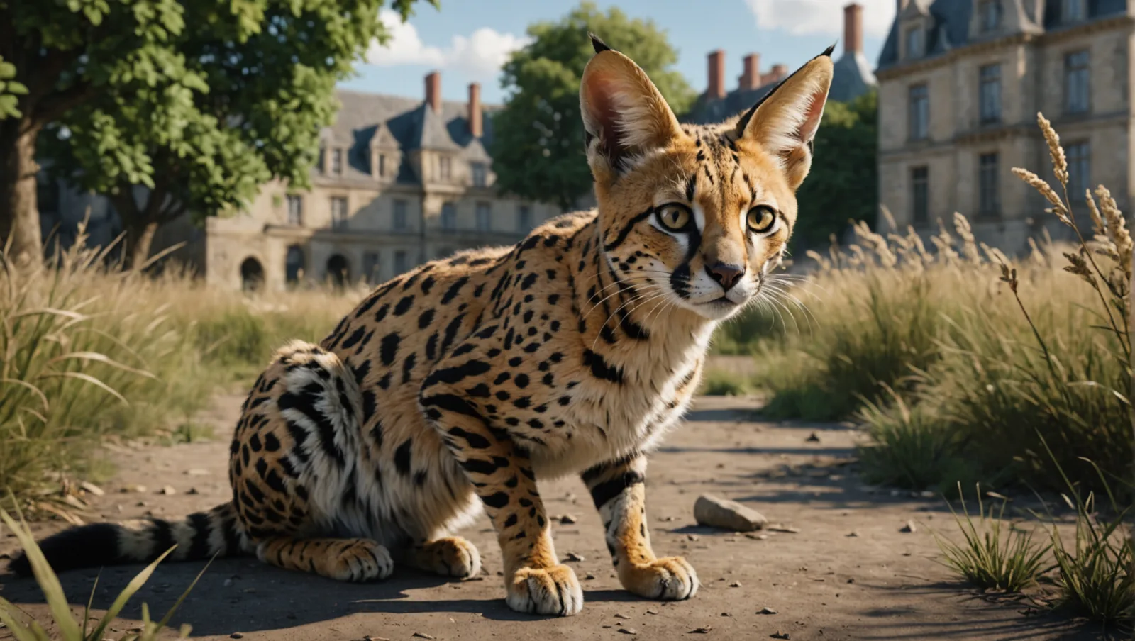 Serval au pelage tacheté et aux grandes oreilles debout dans l'herbe haute