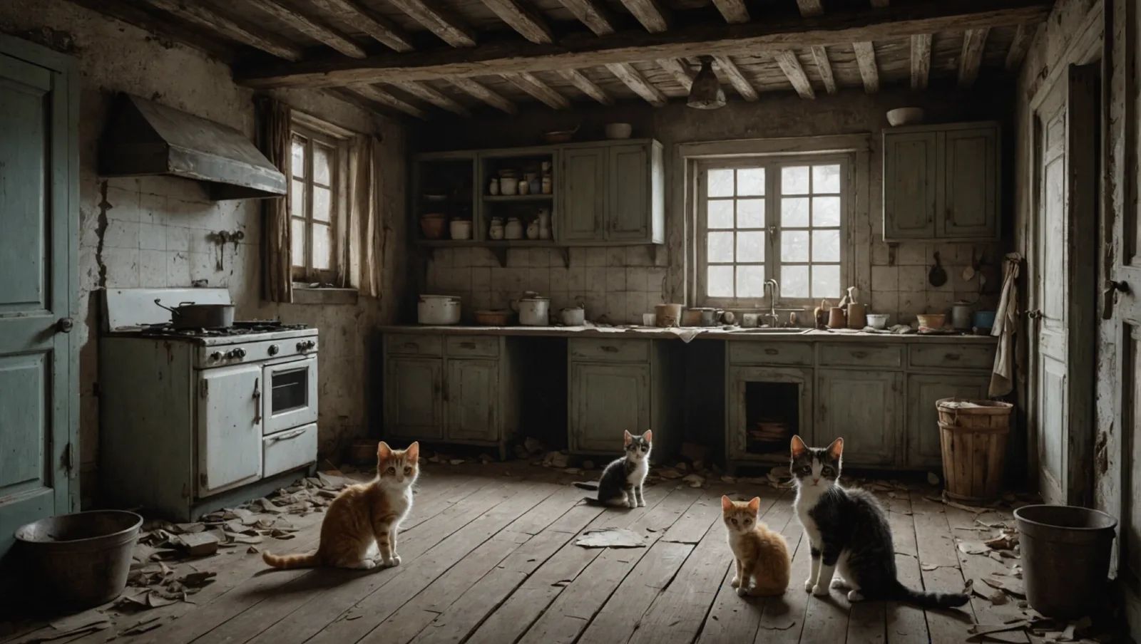 Chaton tricolore recroquevillé dans la pénombre sur un sol encombré