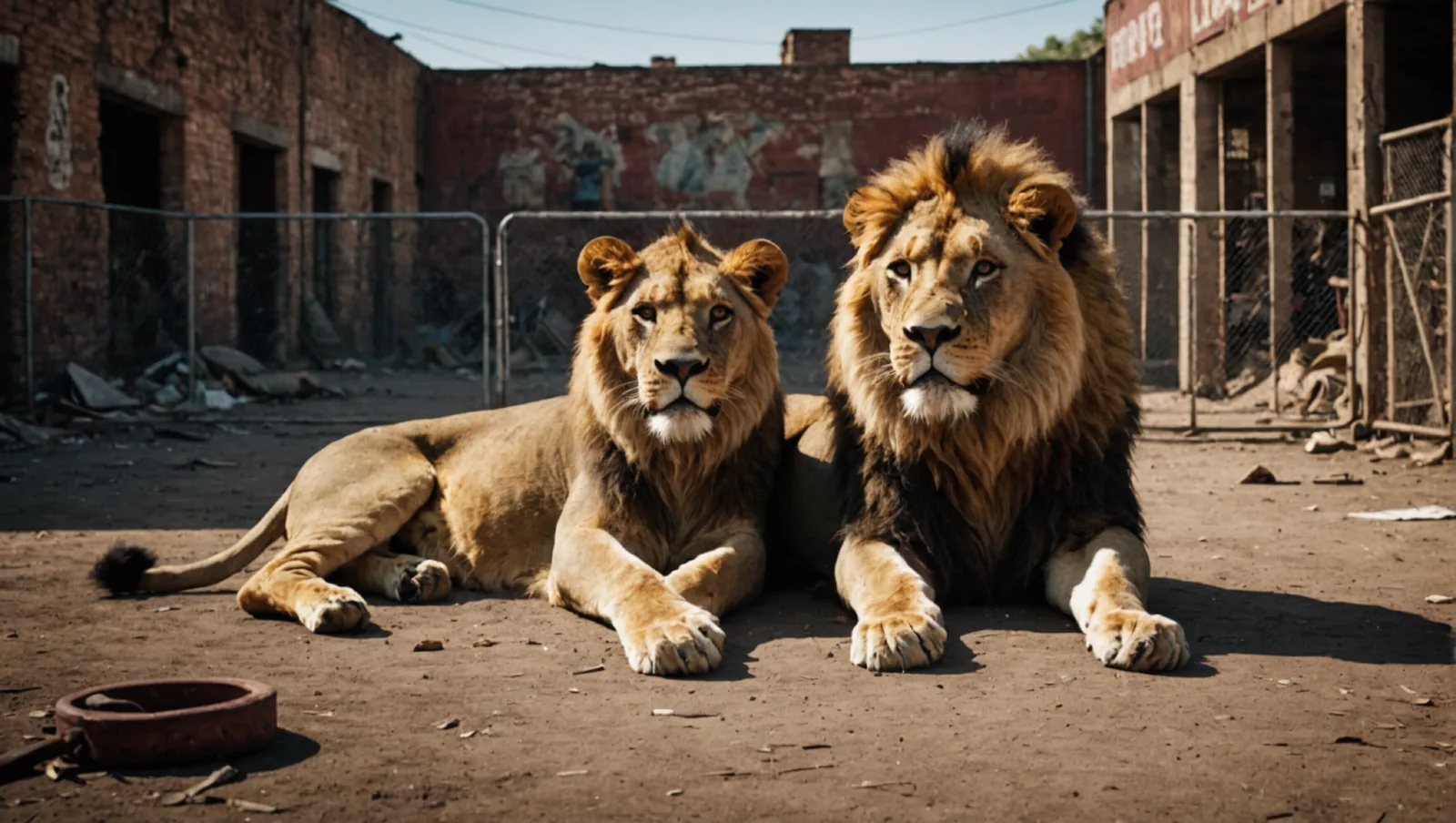 Lion adulte derrière les barreaux d'une cage de transport, regard tourné vers l'objectif