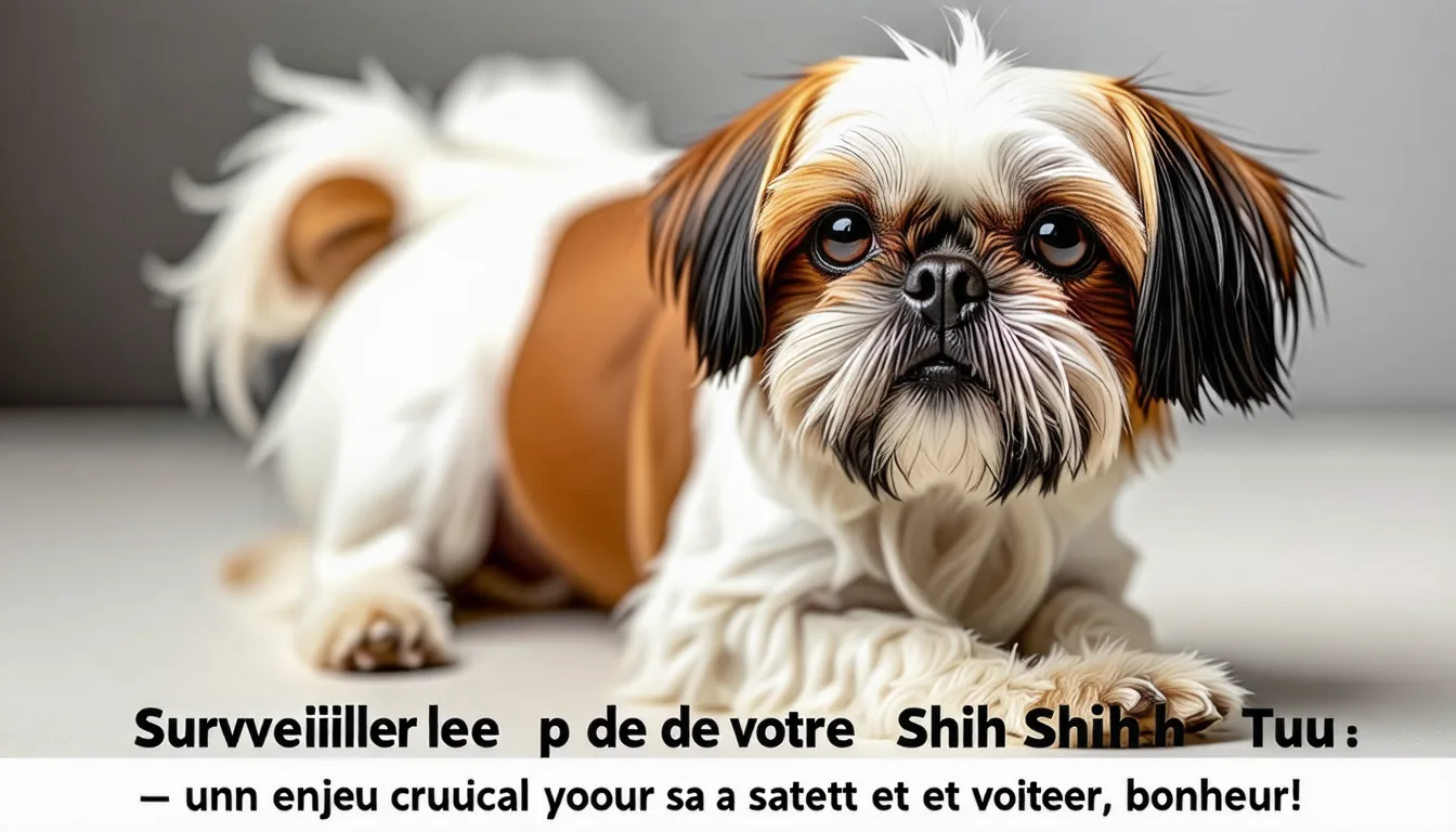 Shih Tzu adulte au pelage long, debout de profil sur un sol clair