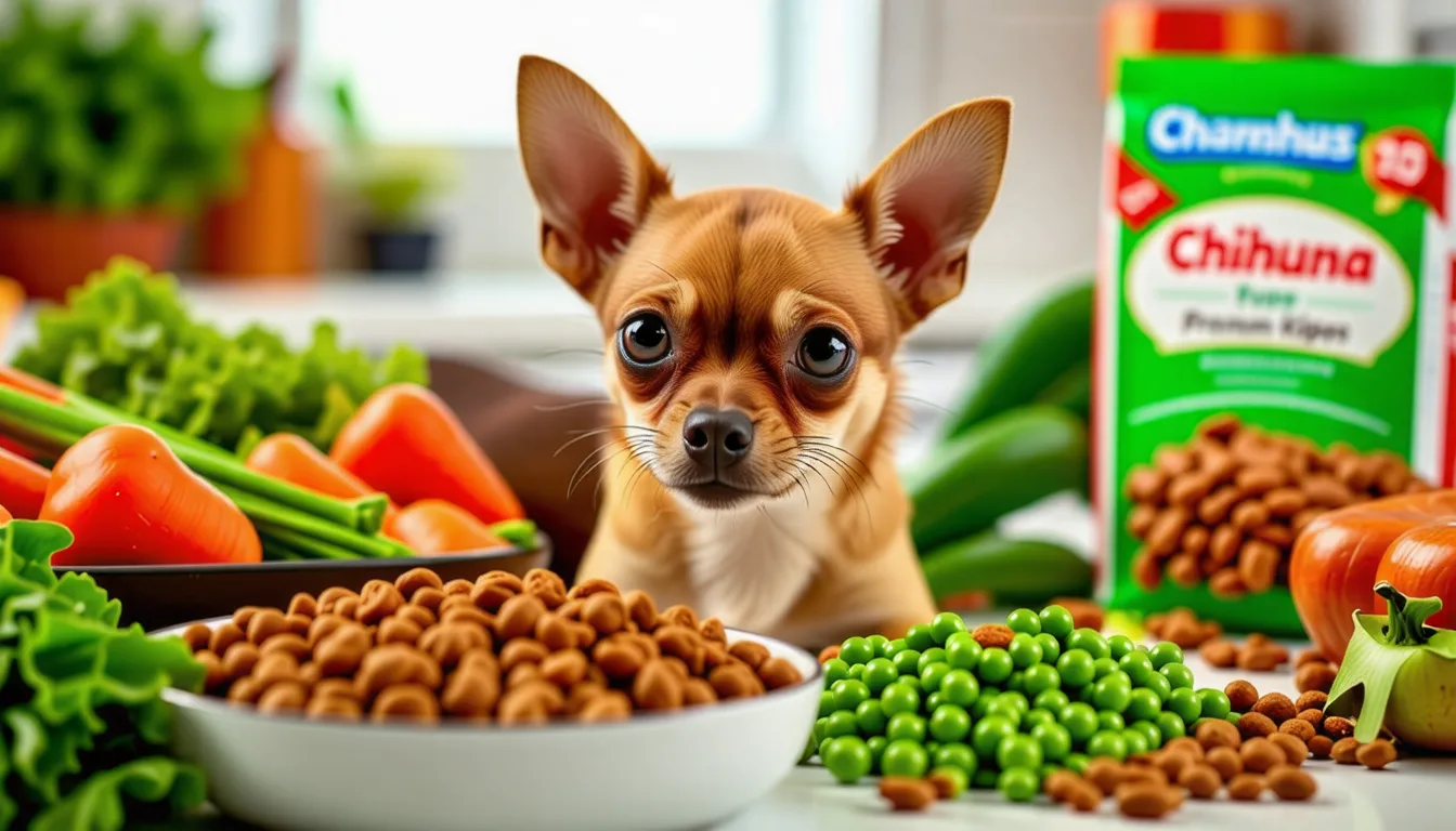 Chiot chihuahua beige devant une gamelle de croquettes posée sur un carrelage