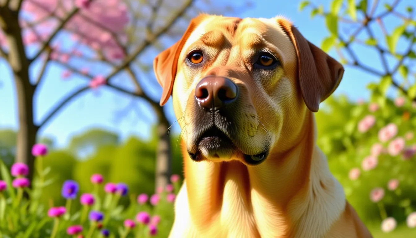 Labrador sable adulte assis dans l'herbe, vu de profil, museau relevé