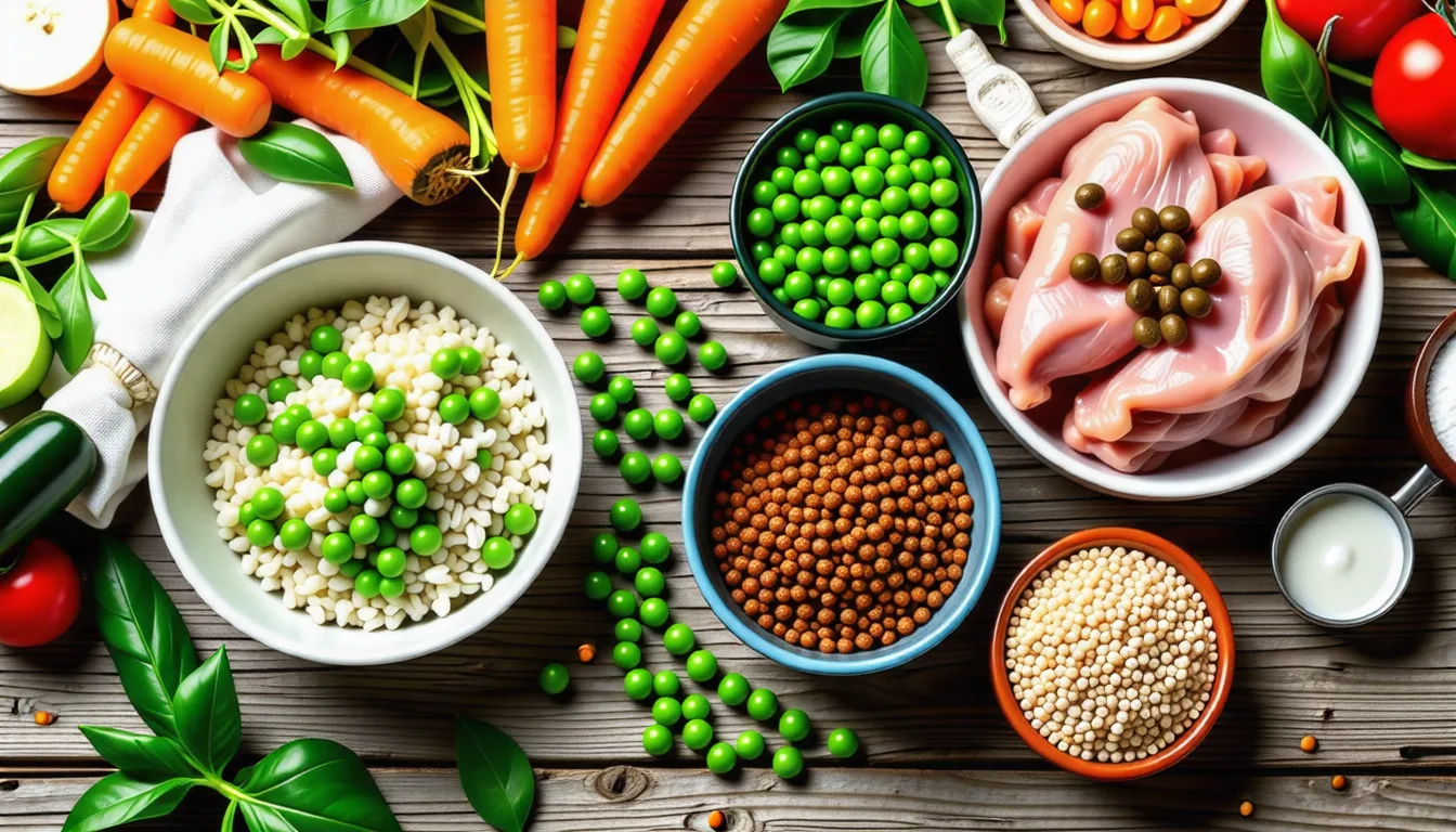 Gamelle de viande, légumes frais et croquettes posés côte à côte sur une table