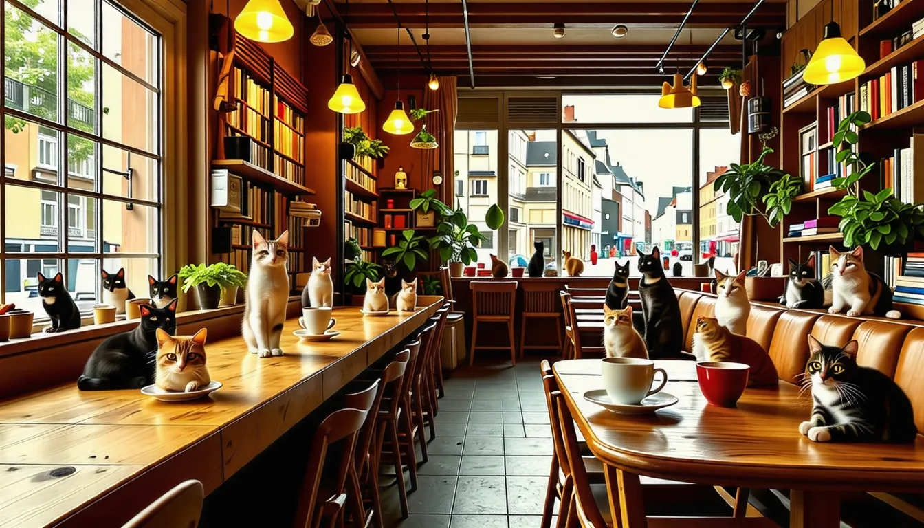 Chat blanc et gris endormi sur une étagère au-dessus d'une salle de café