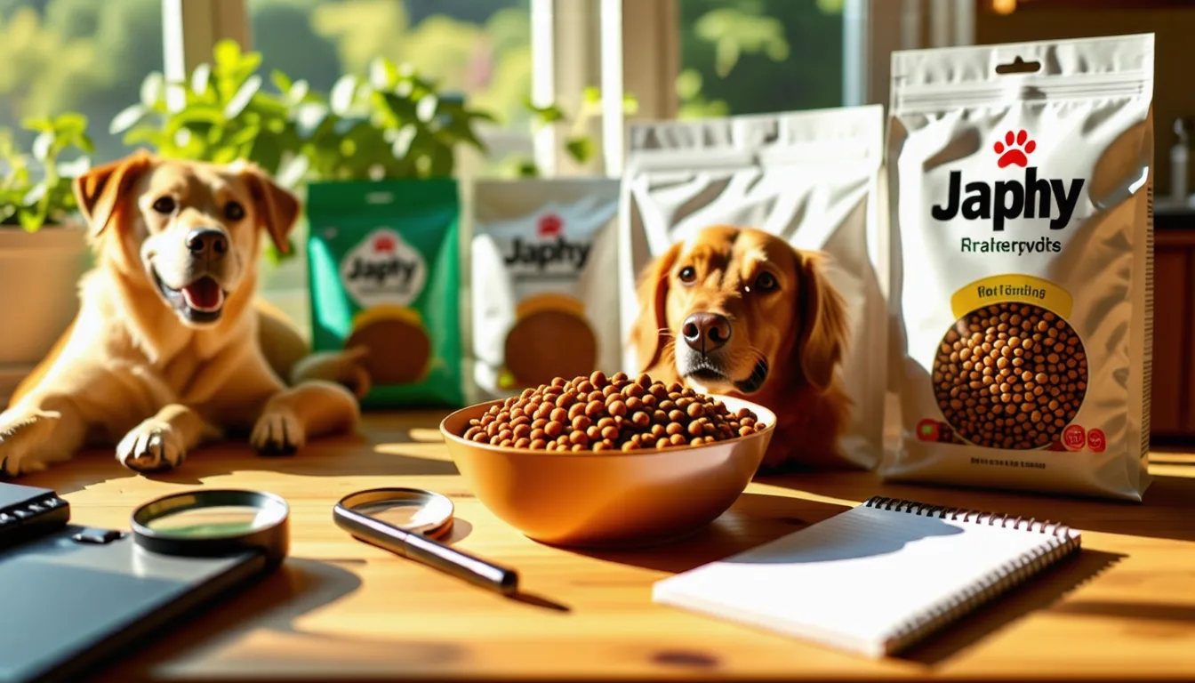 Sac de croquettes ouvert et gamelle remplie, avec un chien qui attend à côté