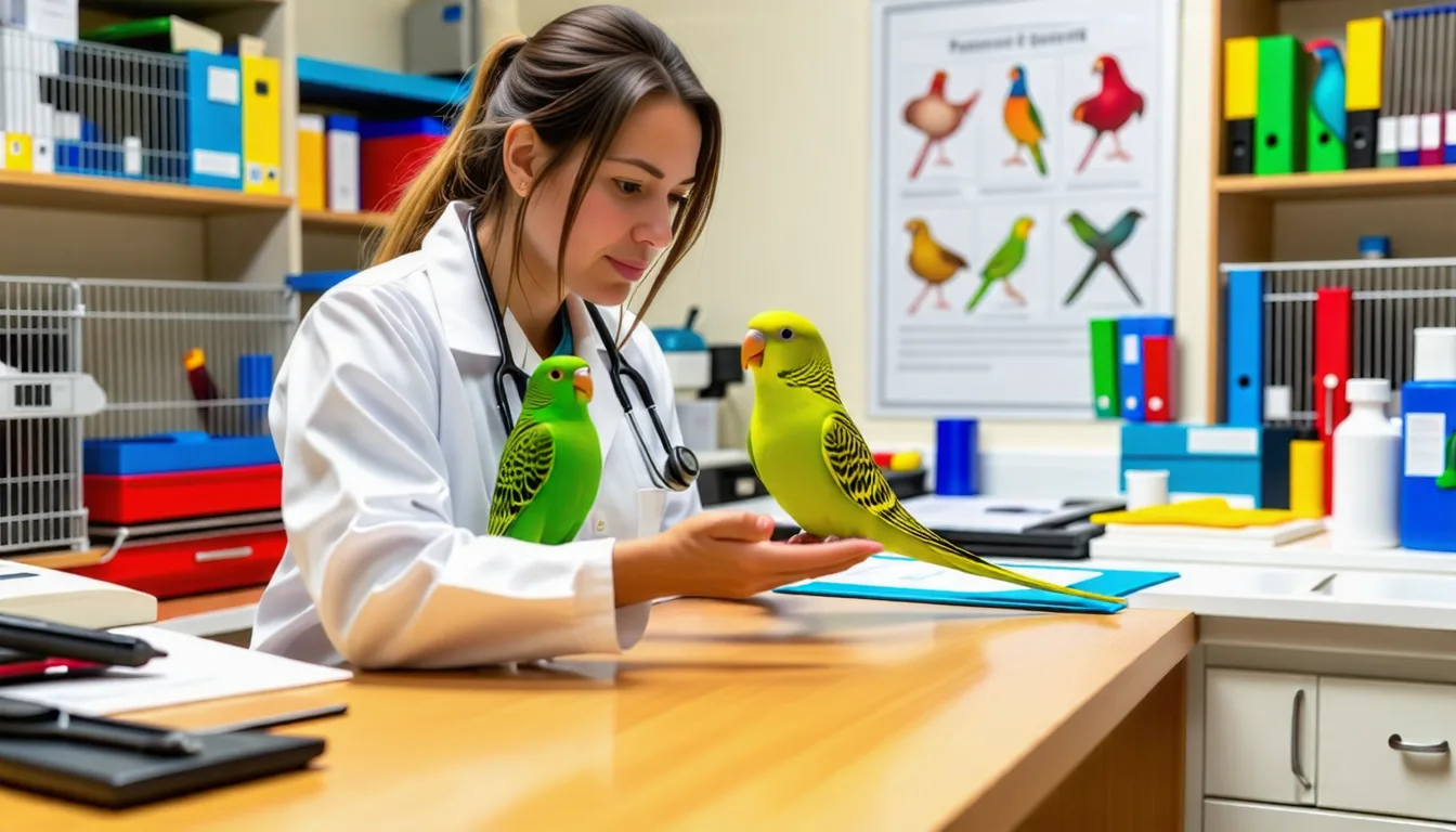 Perruche ondulée verte perchée dans sa cage, plumage lisse et oeil vif