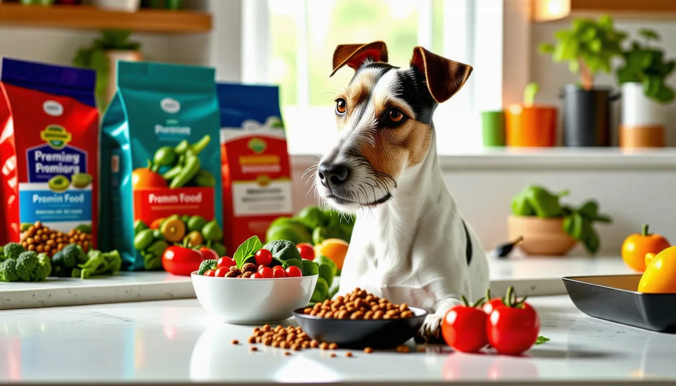 Fox terrier à poil dur devant une gamelle de croquettes posée au sol