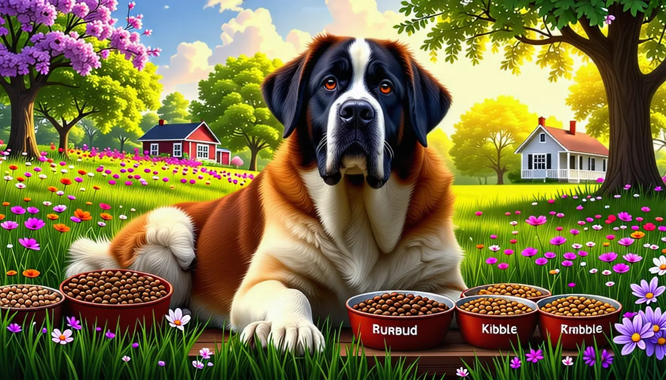 Saint-Bernard adulte au poil roux et blanc devant une grande gamelle de croquettes
