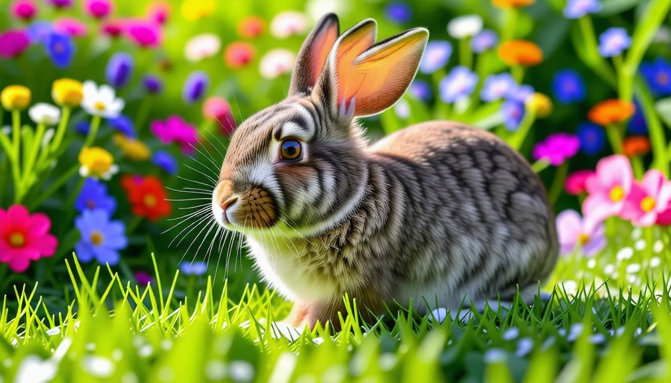 Lapin nain aux oreilles dressées posé sur un sol clair, museau tourné de côté