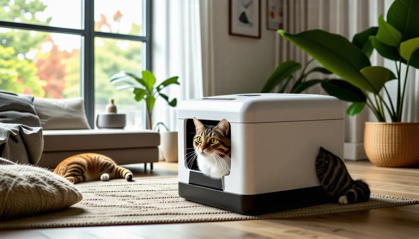 Chat assis à côté d'un bac à litière automatique fermé dans une pièce claire